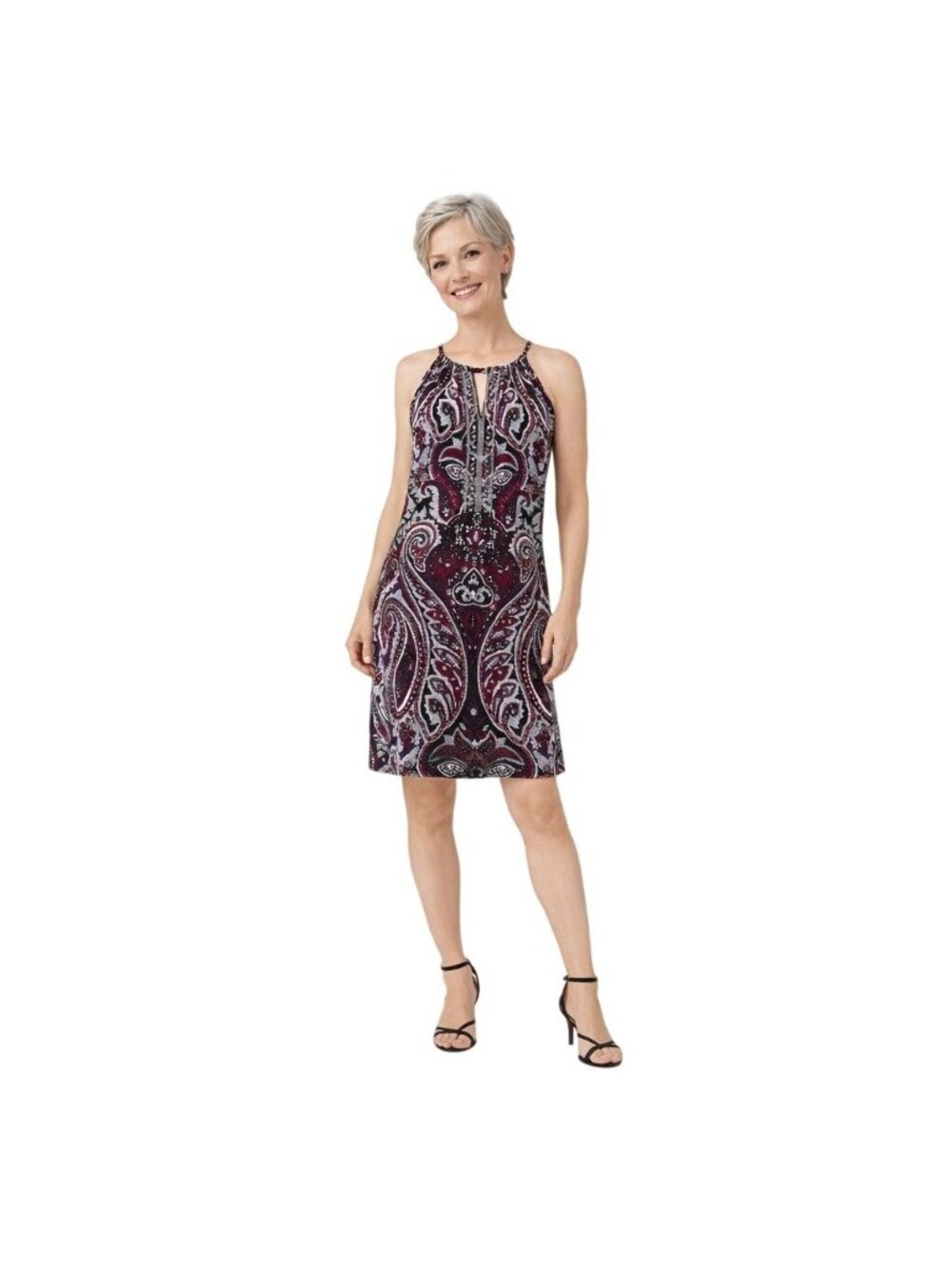 2/$24 INC M Bohemian Paisley Print Sequin Dress Wine Black White Purple